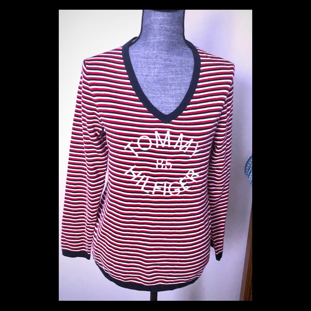 Tommy Hilfiger Striped V Necks Sweater Cotton Logo